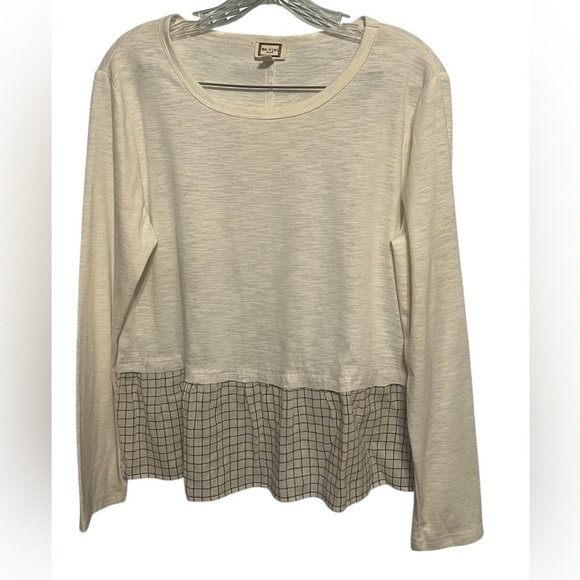 Mo:Vint NWOT cream long sleeve plaid ruffle keyhole back blouse boho - Picture 3 of 10